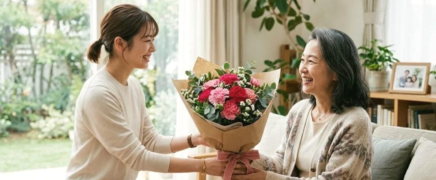 女儿把一束康乃馨递到母亲手里，母亲坐在沙发上笑着接过（示意照片）